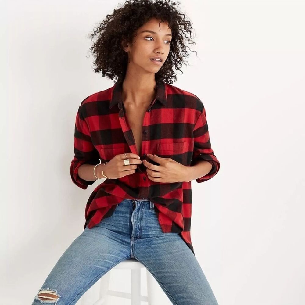 MADEWELL Plaid Fleece Oversized Button Down Shirt S Red Black Lumberjack EUC B85